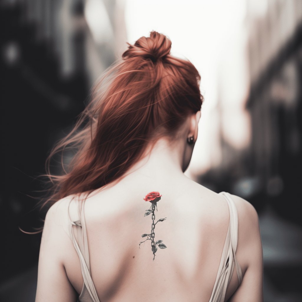 Red Rose with Metal Chain Accent Tattoo Design