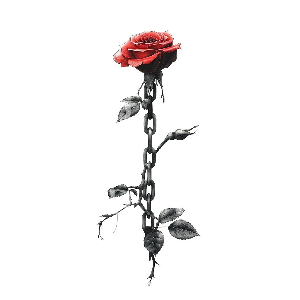 Red Rose with Metal Chain Accent Tattoo Design