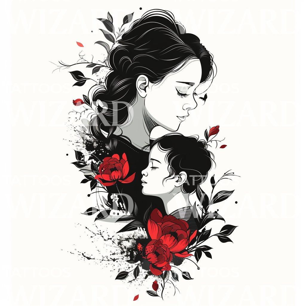 A Red Roses with Loving Mother and Child Tattoo Illustration