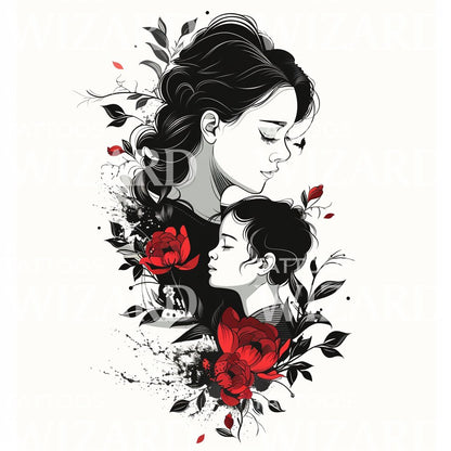 Red Roses with Loving Mother and Child Tattoo Illustration