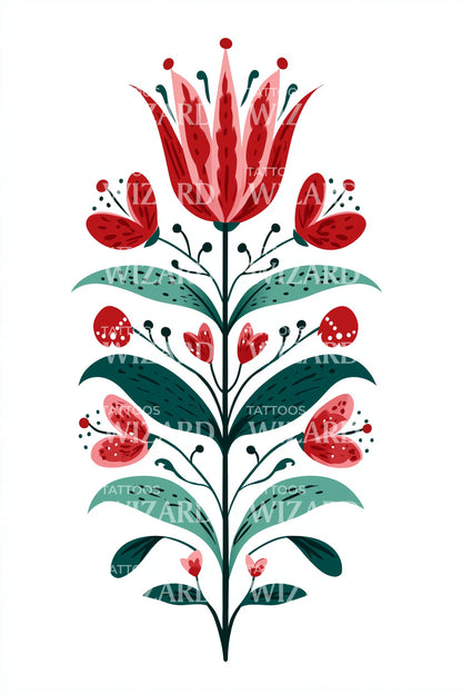 Red Scandinavian Blossom Tattoo Illustration