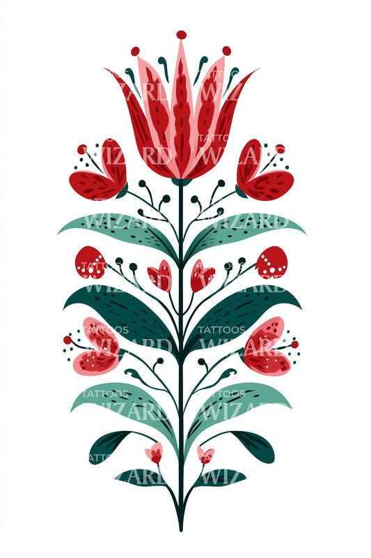 Red Scandinavian Blossom Tattoo Illustration