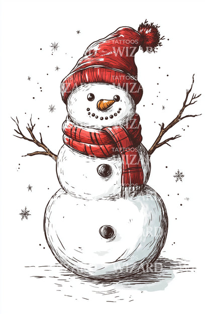 Red Scarf Snowman Tattoo Design