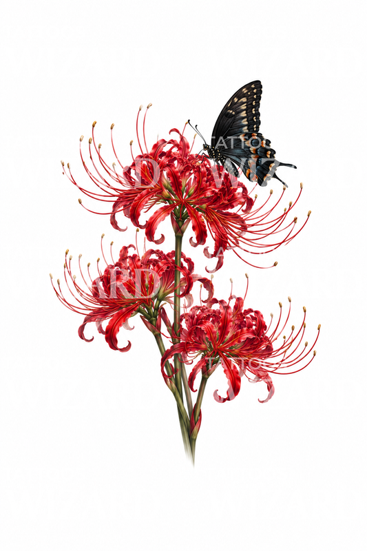 Tattoo-Design mit roter Spinnenlilie und Schwalbenschwanz