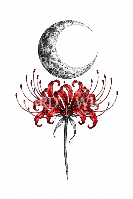 Tatouage de lys araignée rouge sous une lune pointillée