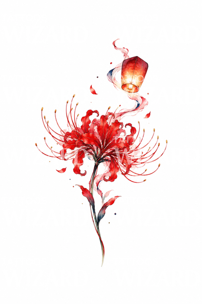 Red Spider Lily with Floating Lantern Watercolor Tattoo