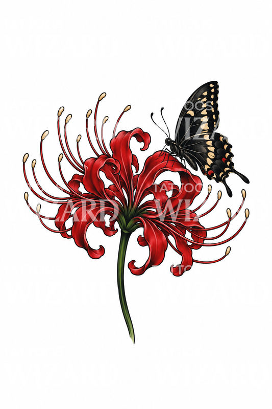 Tatuagem de lírio-aranha vermelho com borboleta-pavão