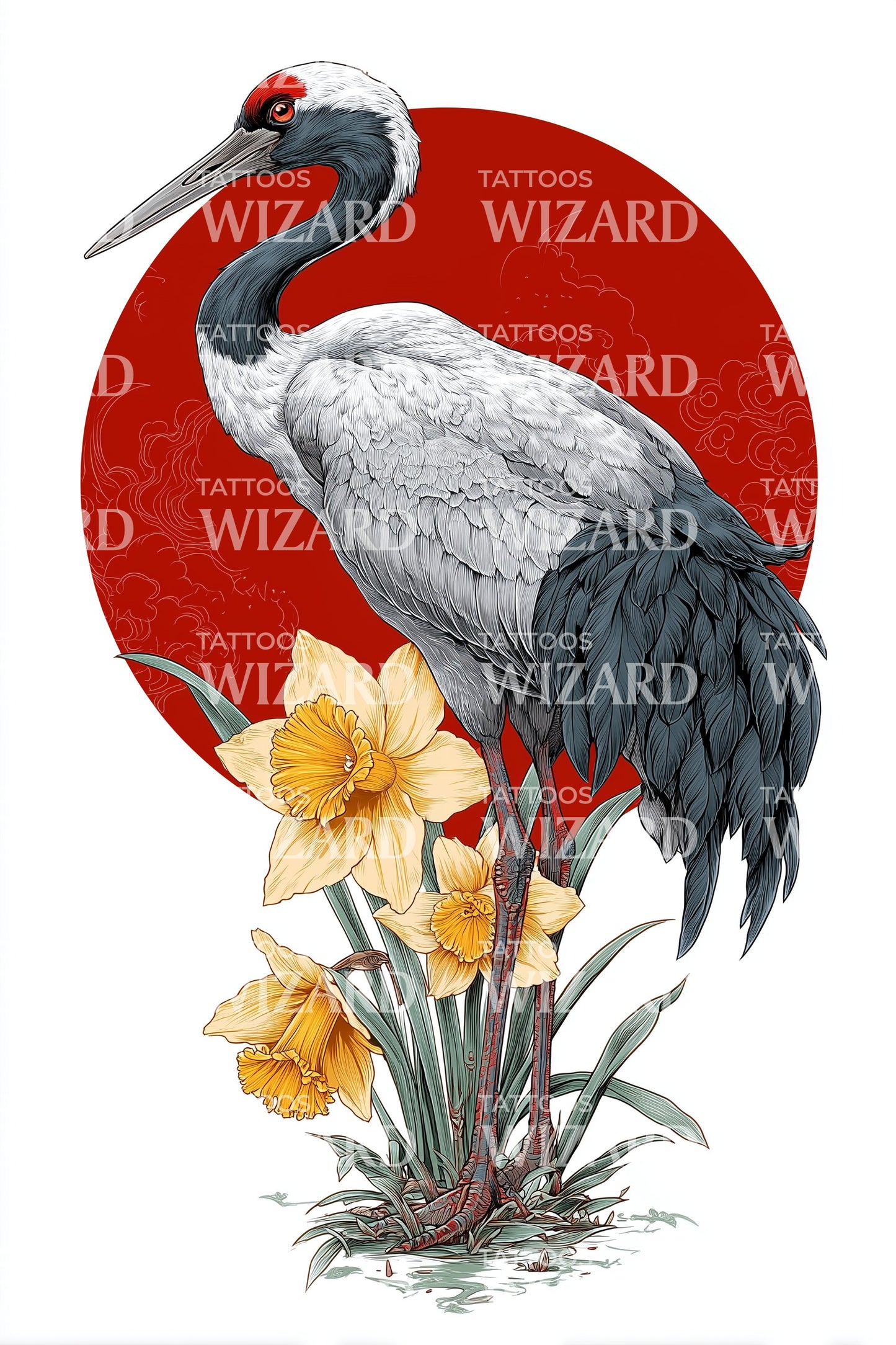 Red Sun Crane Tattoo Design