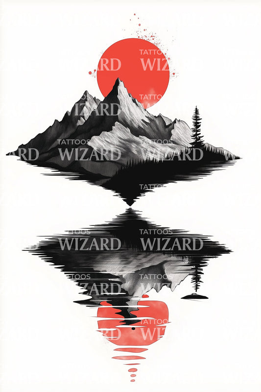 Red Sun Mountain Reflection Tattoo Design