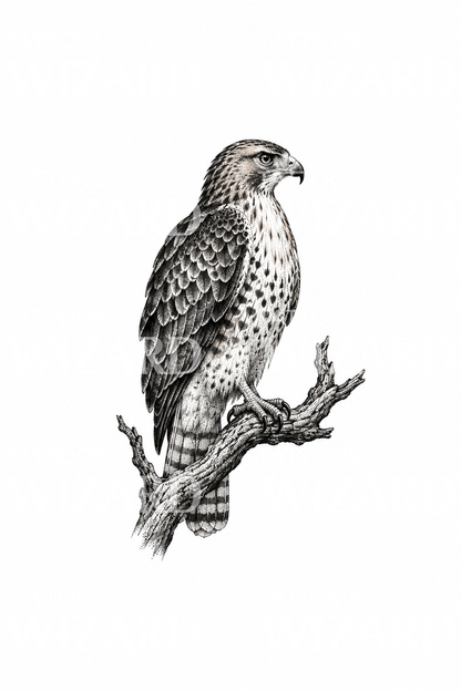 Tüneyde Tünemiş Kızıl Kuyruklu Şahin Dotwork Dövme Tasarımı