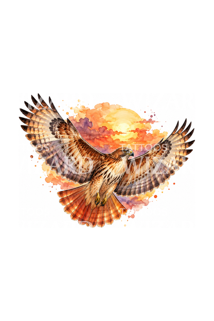 Aquareltatoeage van een roodstaartbuizerd in de zonsondergang
