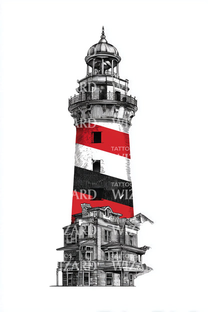 Red White Lighthouse Tattoo Design