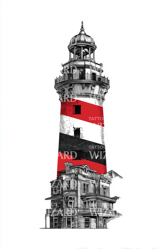 Red White Lighthouse Tattoo Design