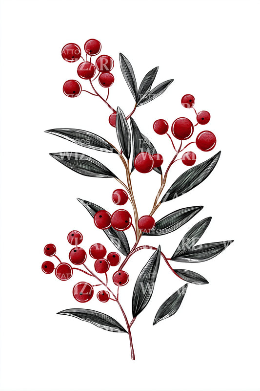 Red Winterberry Branch Tattoo Design