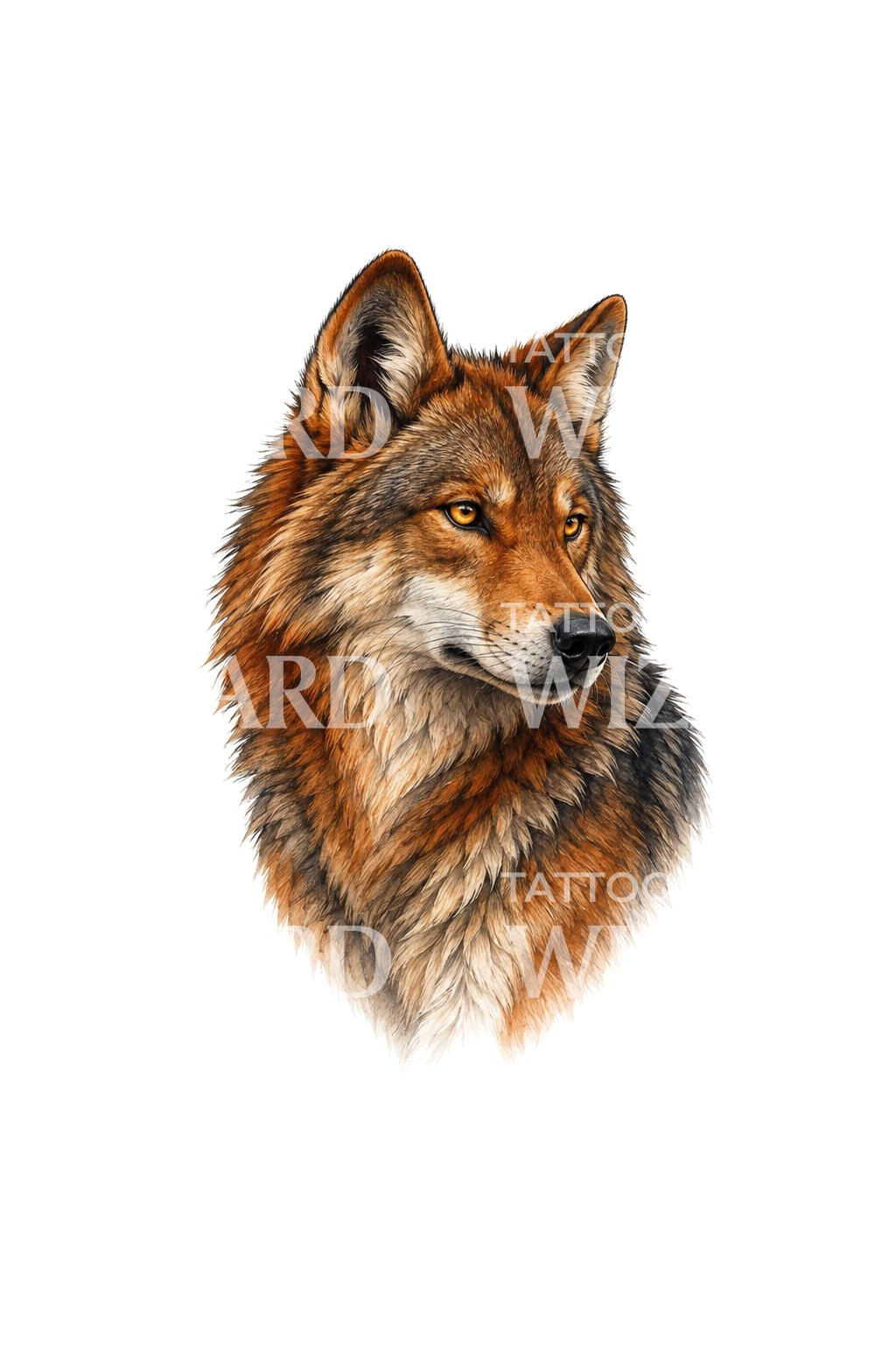 Red Wolf Golden Eyes Portrait Tattoo Illustration