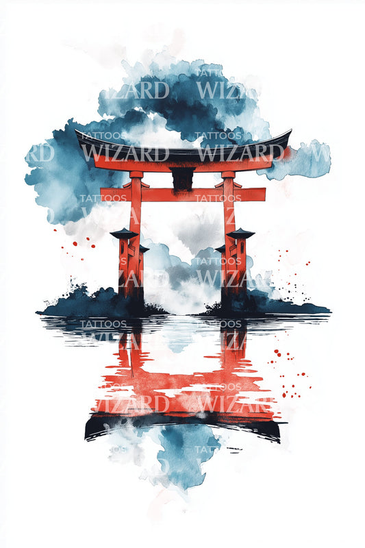 Reflected Torii Watercolor Tattoo Design