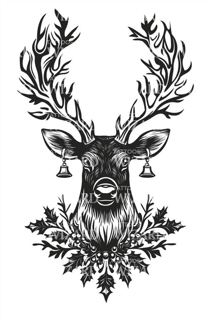 Regal Christmas Reindeer Portrait Tattoo Design