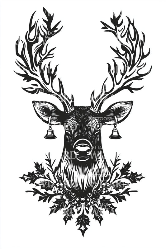 Regal Christmas Reindeer Portrait Tattoo Design