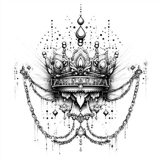 Regal Crown and Chains Tattoo Design with Dotwork Details