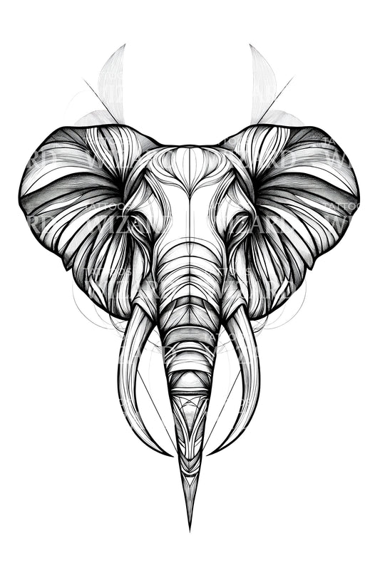 Regal Elephant Linework Tattoo Design