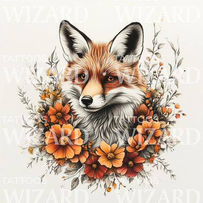 Regalem Fuchs mit aufwendigem Blumenrahmen Tattoo-Idee
