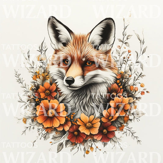 Regal Fox with Ornate Floral Frame Tattoo Idea