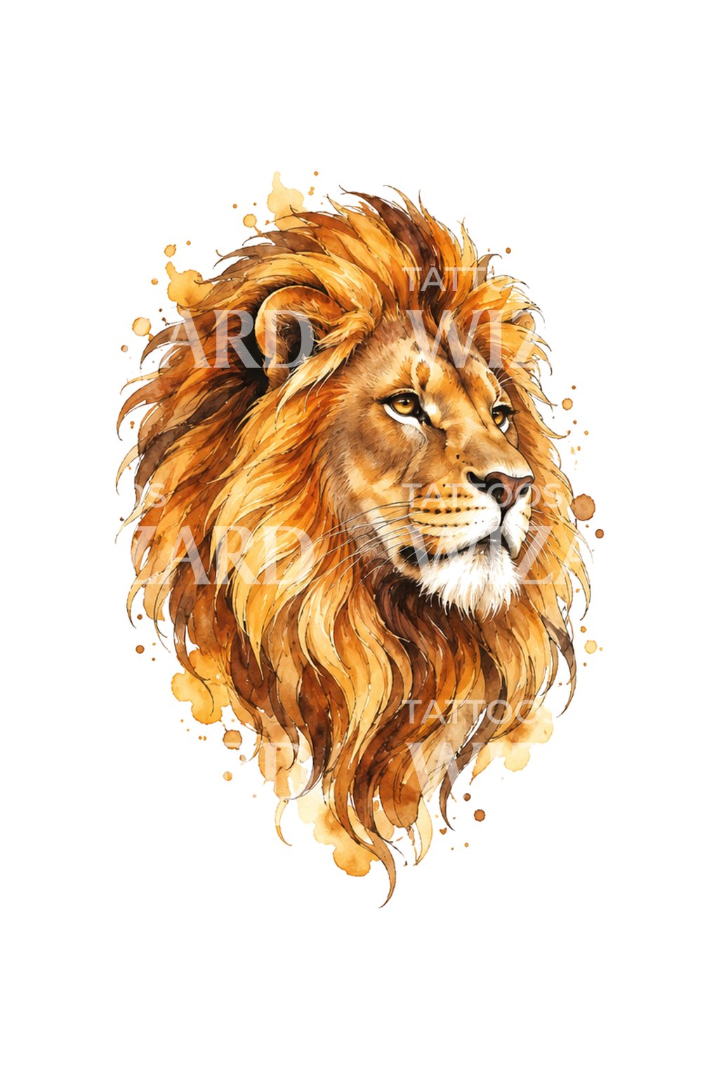 Regal Lion Gold and Amber Watercolor Tattoo Design