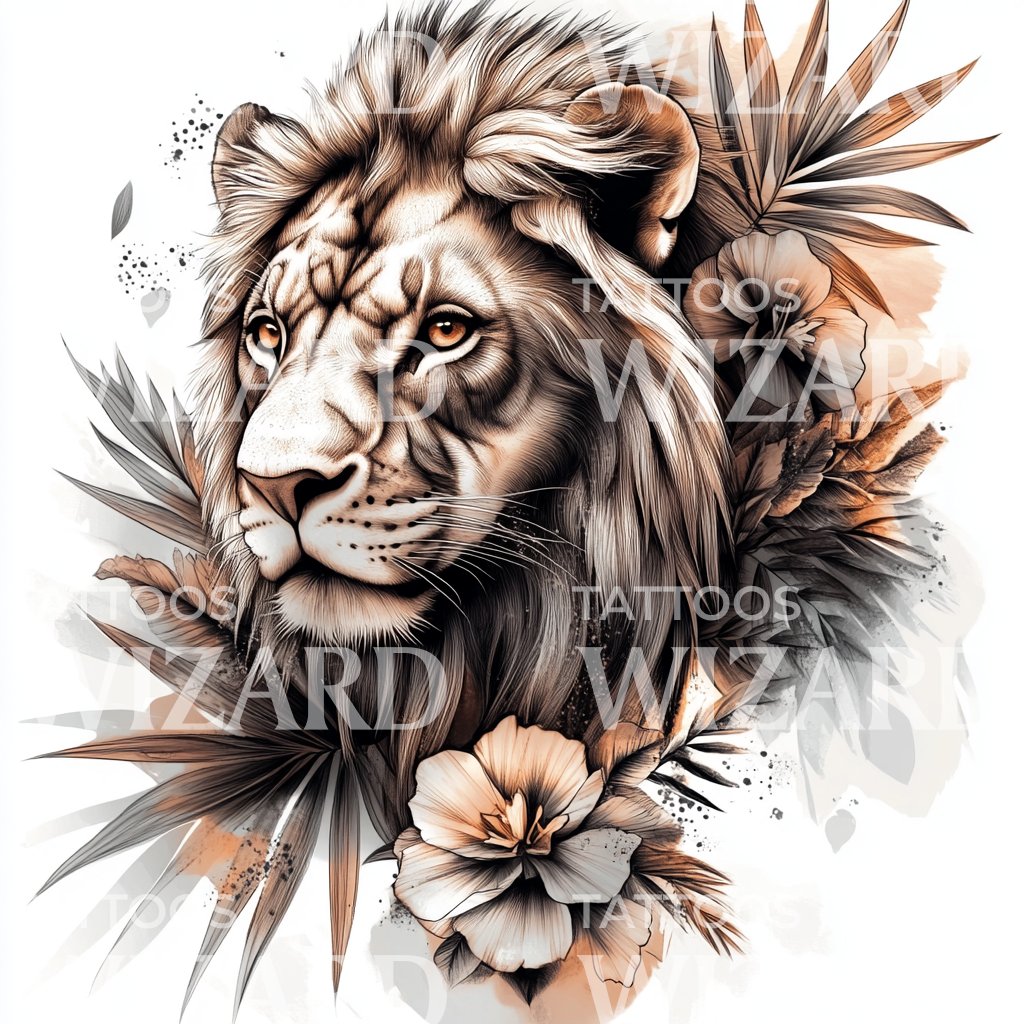 Regal Lion in the Wild Tattoo Design