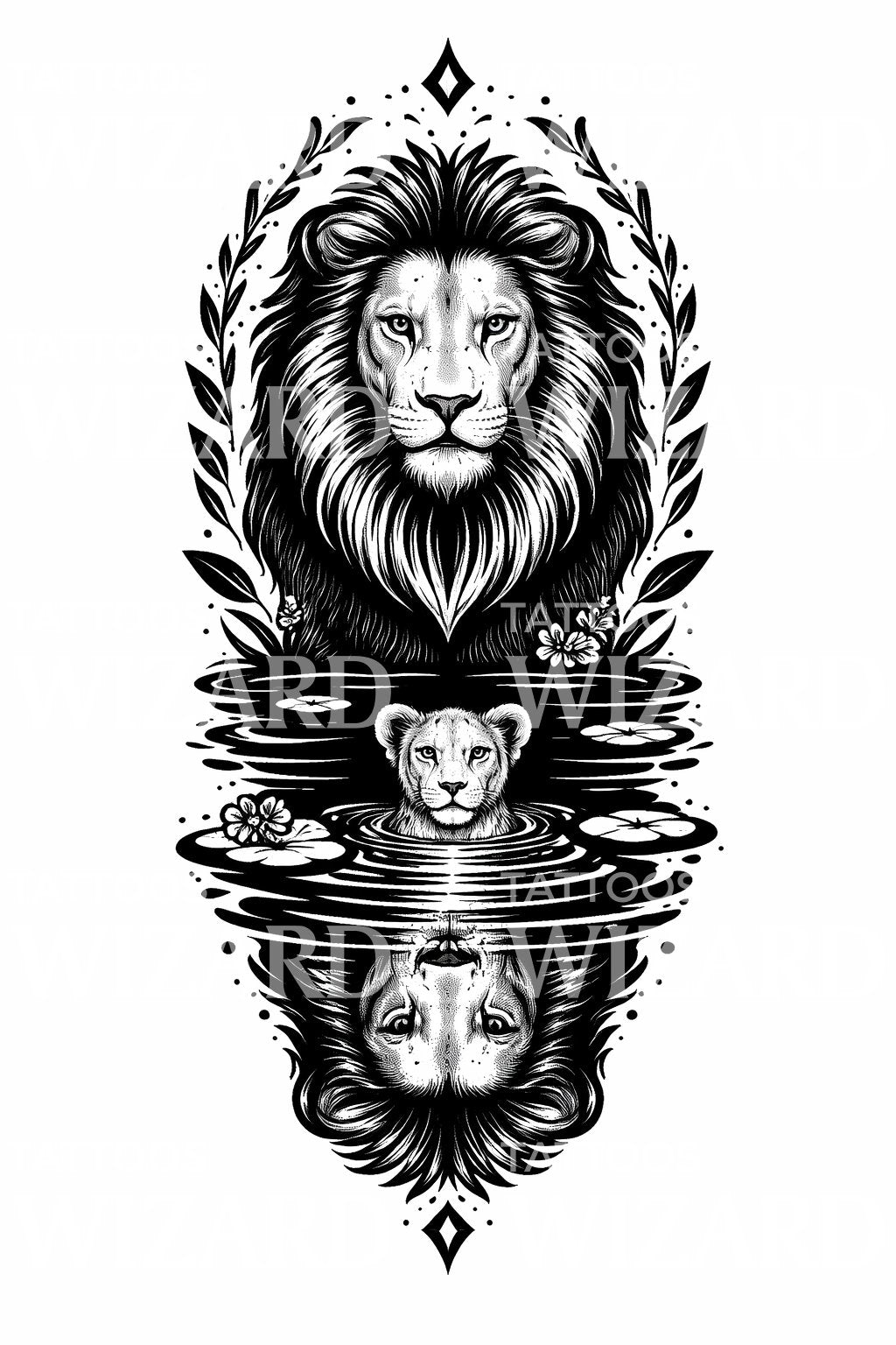 Regal Lion Reflection Tattoo Design