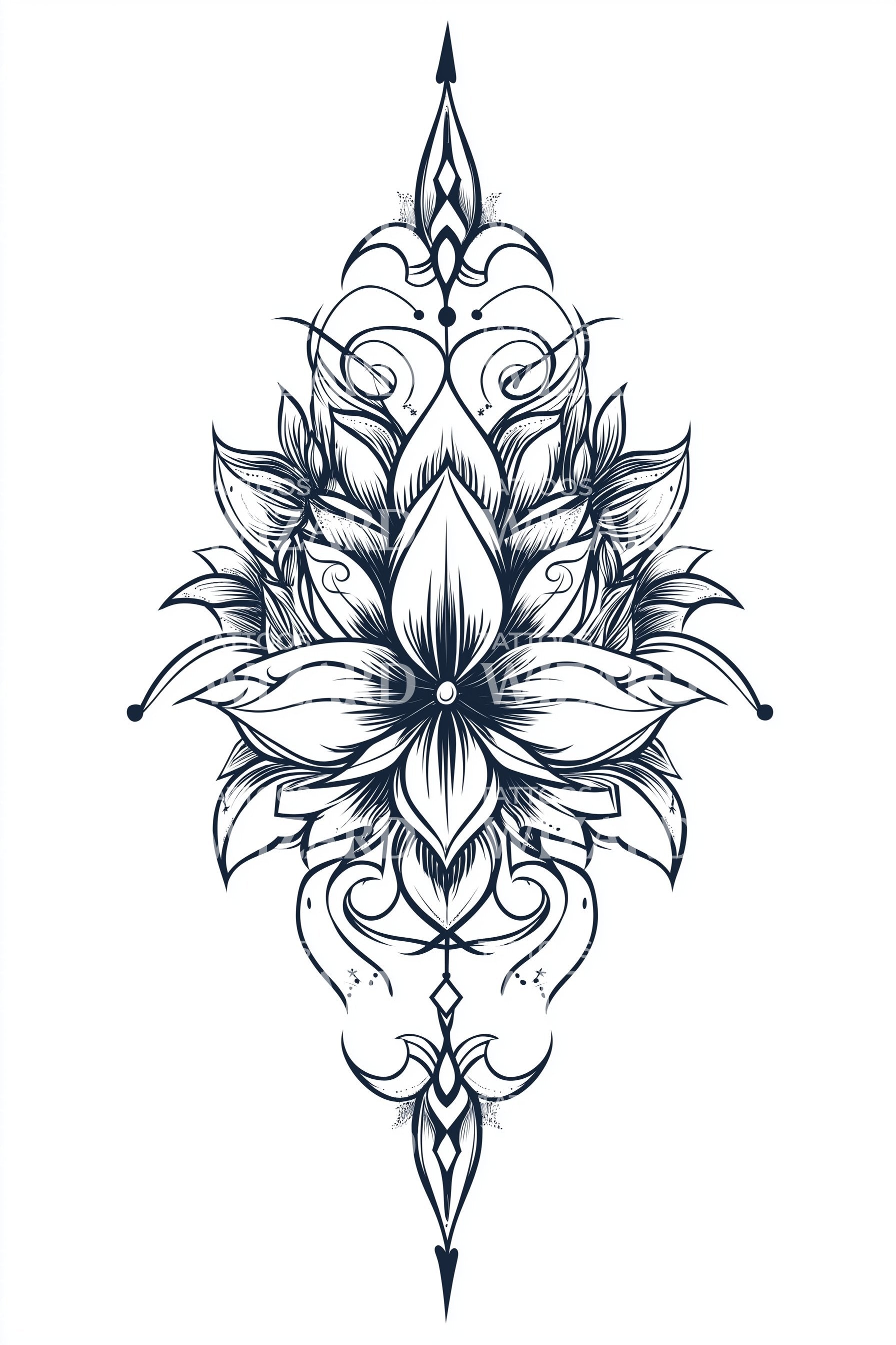 Regal Lotus Scroll Tattoo Illustration – Tattoos Wizard Designs