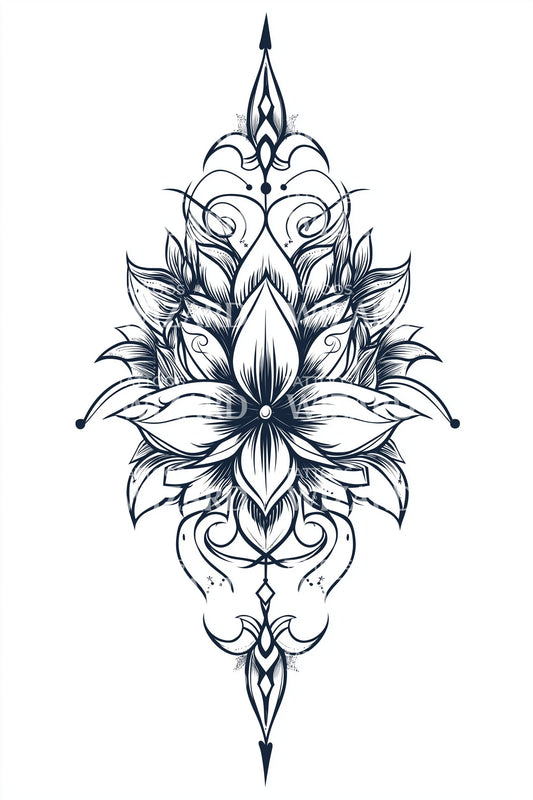 Regal Lotus Scroll Tattoo Illustration