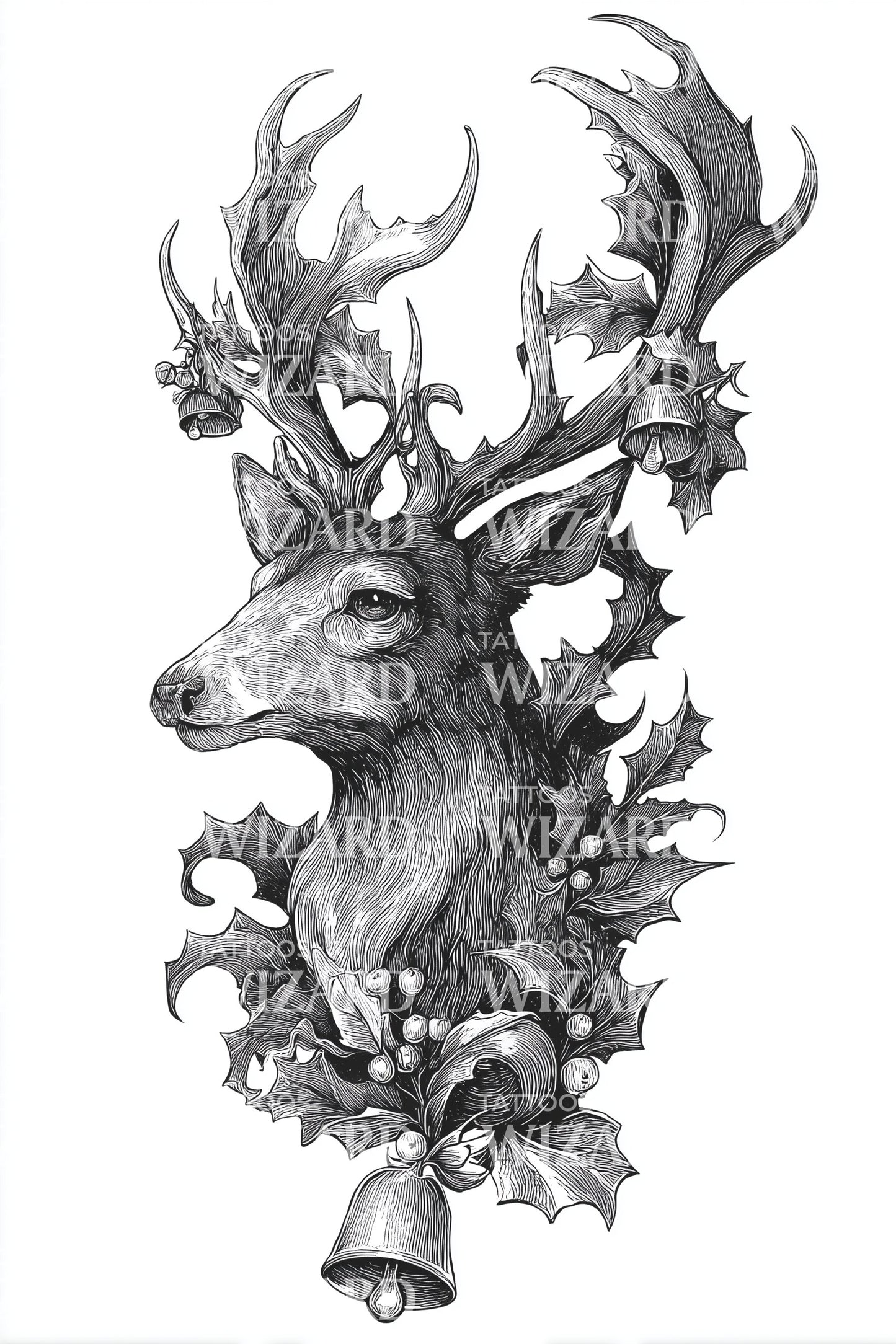 Regal Reindeer Bells Tattoo Illustration