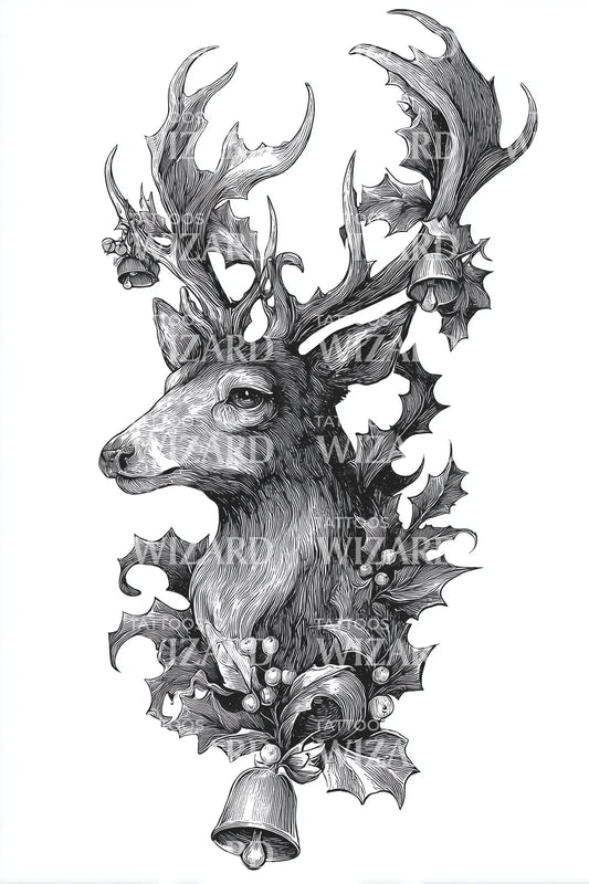 Regal Reindeer Bells Tattoo Illustration