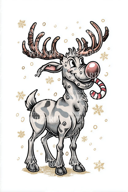 Reindeer Candy Cane Tattoo Illustration