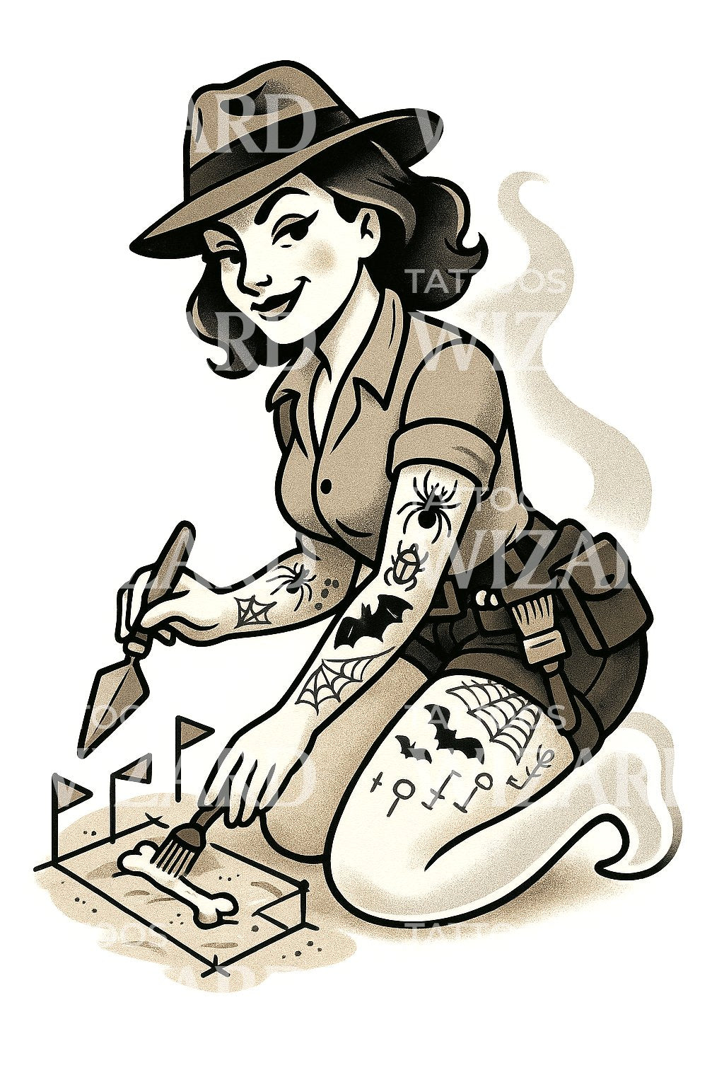 Relaxed Archaeologist Builder Tattoo Illustration