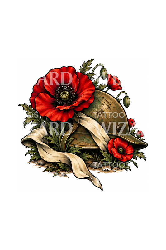 Remembrance Poppies and Soldier Helmet Tattoo Design