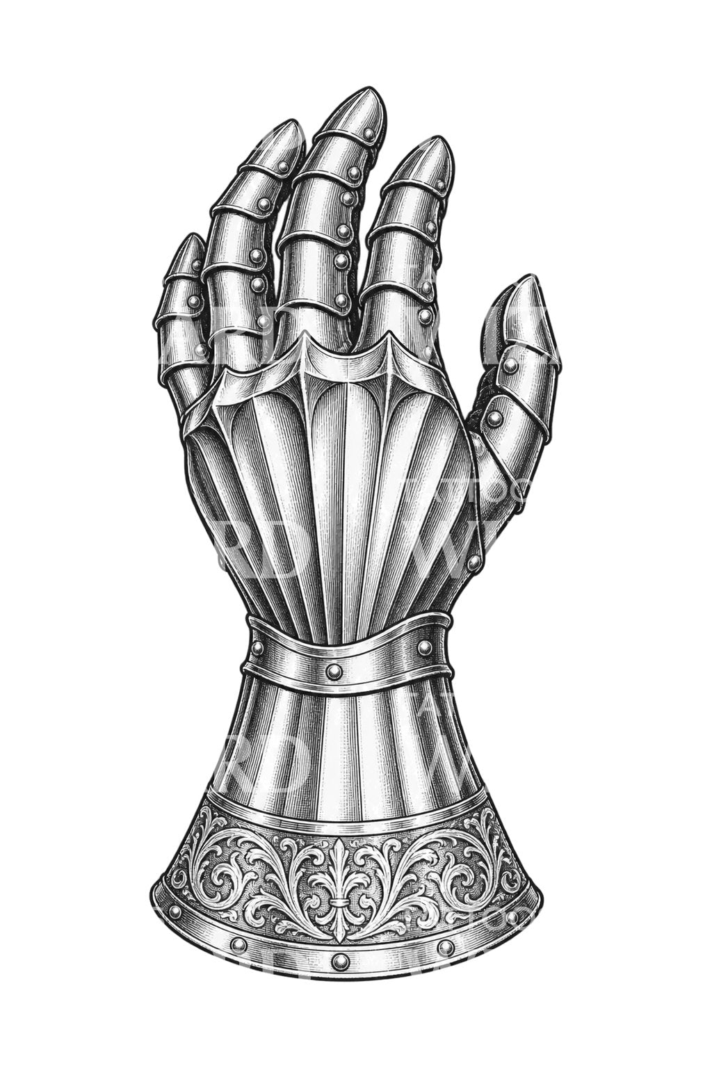 Guantelete de acero estriado renacentista, ilustración de tatuaje
