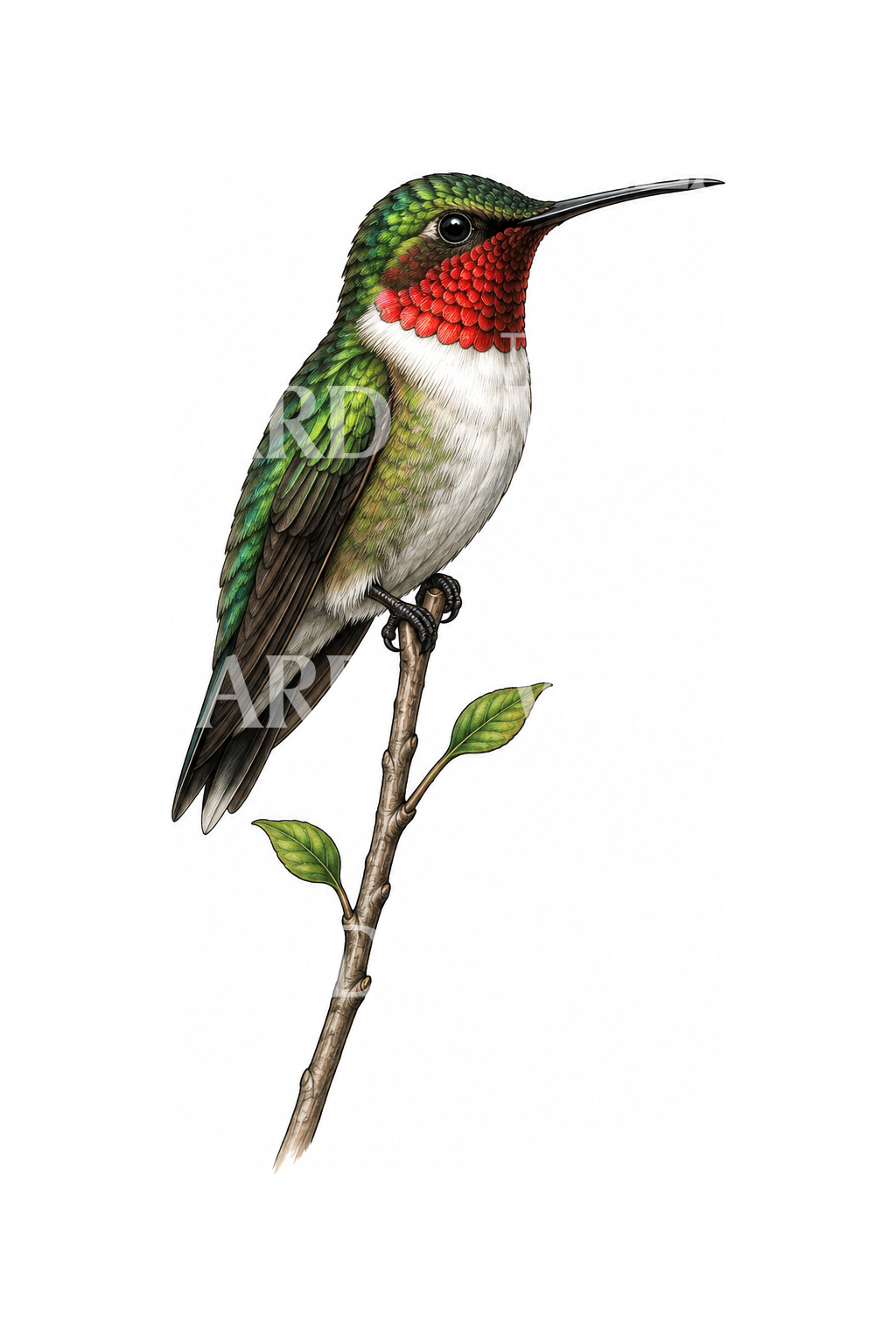 Diseño de microtatuaje de colibrí descansando en una ramita frondosa