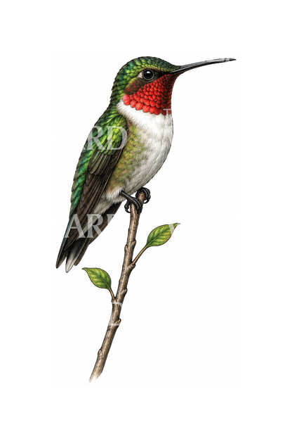 Diseño de microtatuaje de colibrí descansando en una ramita frondosa