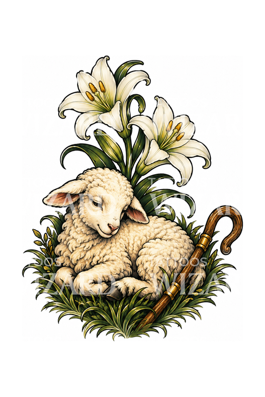 Resting Lamb with Shepherd Crook and Lilies Tattoo