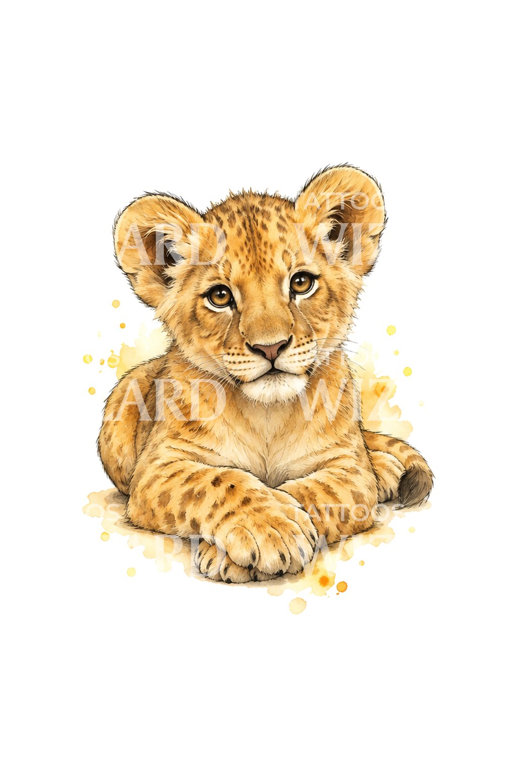 Goldenes Aquarell-Tattoo eines ruhenden Löwenbabys