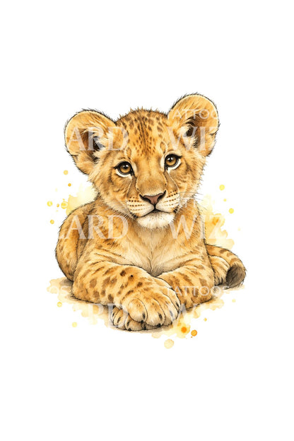 Goldenes Aquarell-Tattoo eines ruhenden Löwenbabys
