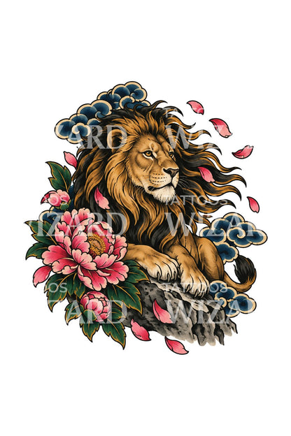 风中牡丹花瓣与憩息雄狮纹身插画