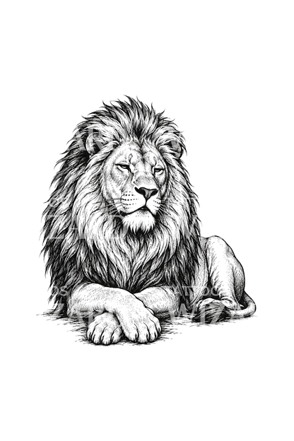 Resting Lion with Crossed Paws Sketch Tattoo Illustration