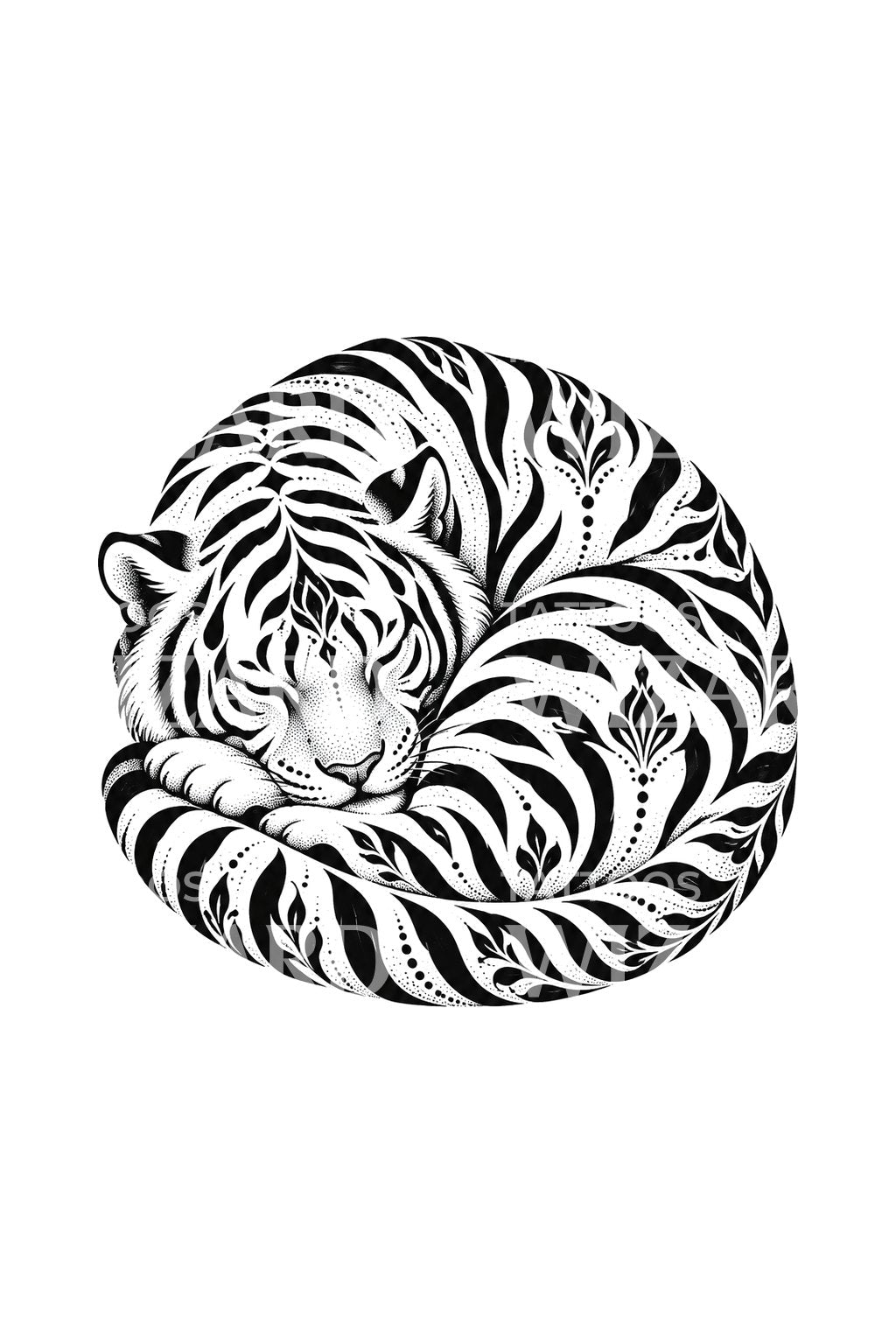 Resting Tiger Coil Blackwork Tattoo Design