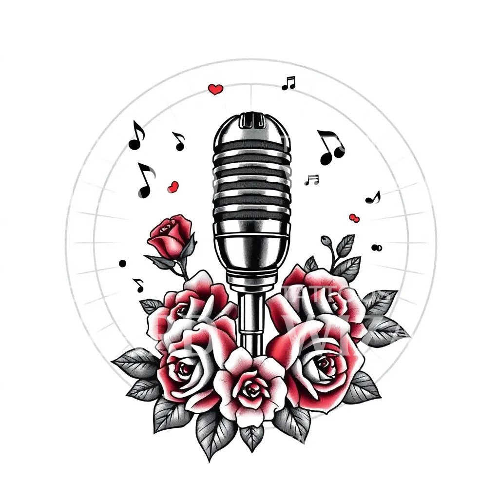 Retro Microphone Roses Tattoo Design