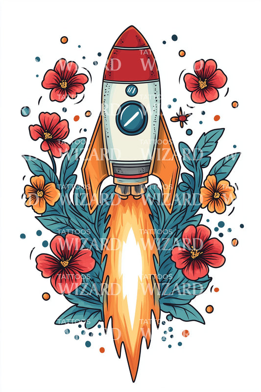 Retro Rocket Floral Tattoo Design