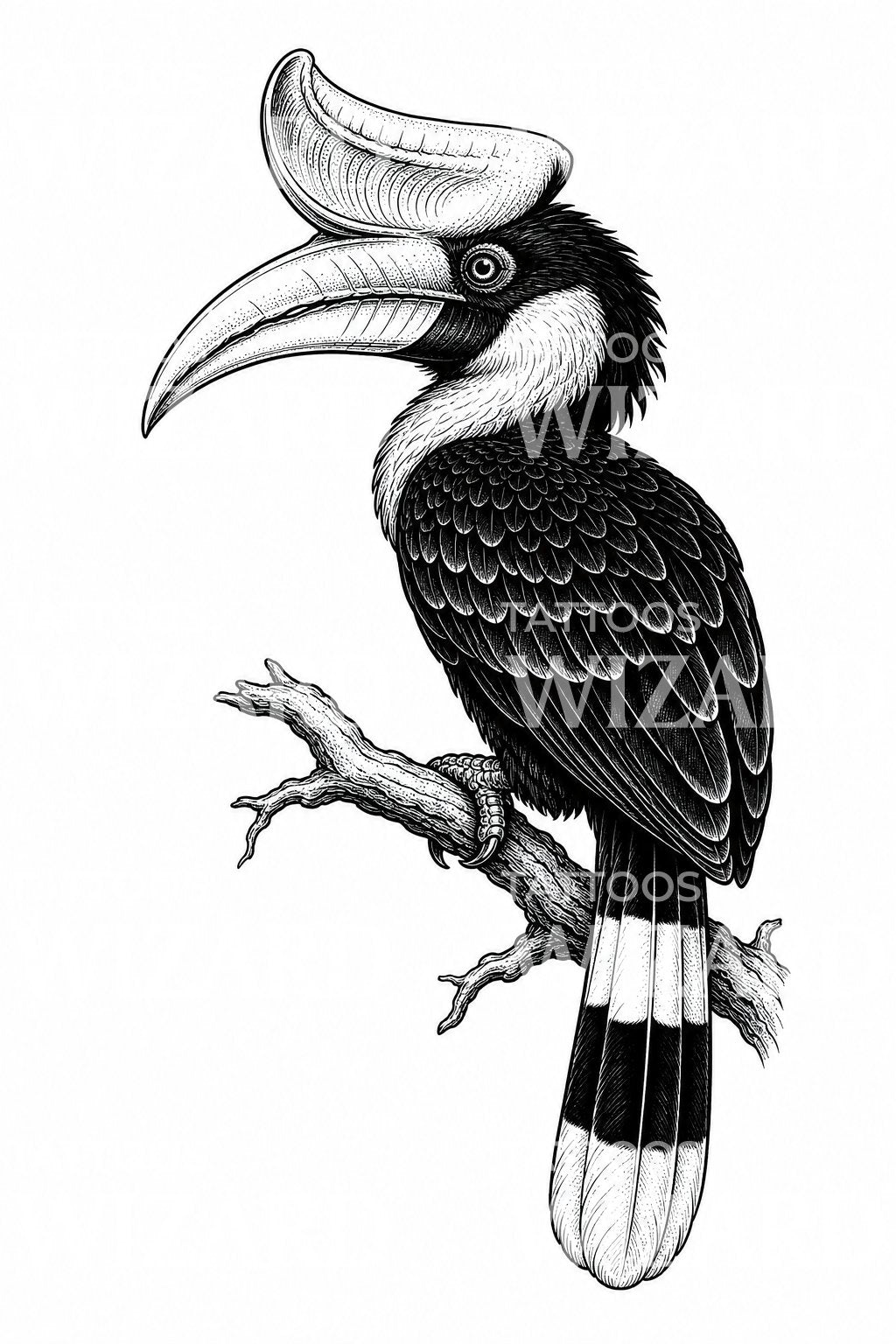 Desain Tato Rangkong Badak Bertengger