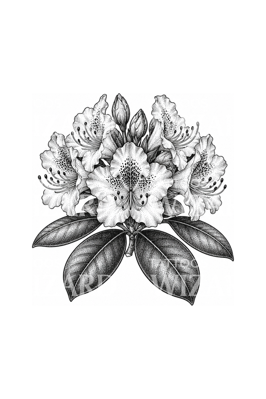 Stiplet tatovering med blomstrende rhododendron