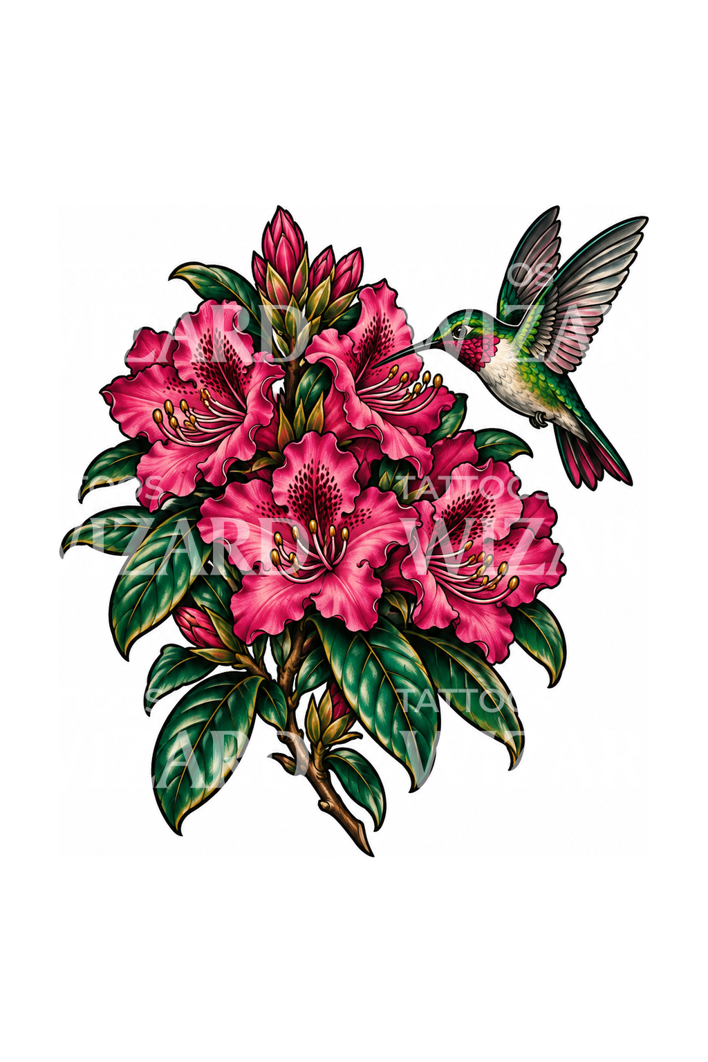 Neo Traditional Tattoo mit Rhododendron und Kolibri